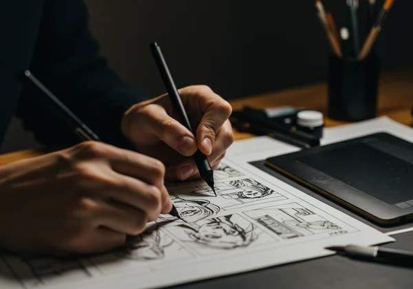 Artist hand-drawing a comic with full artistic control