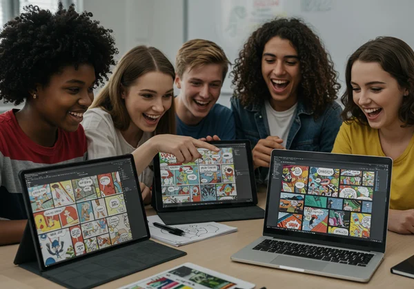 Students creating comics without drawing skills