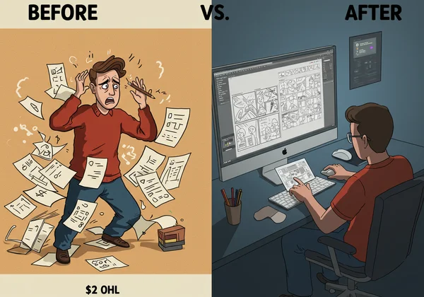 Person quickly creating comics using an AI tool, saving money