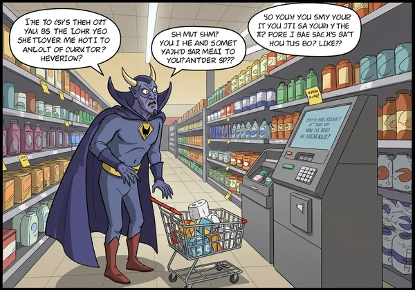 Funny comic strip idea: supervillain struggling with shopping.