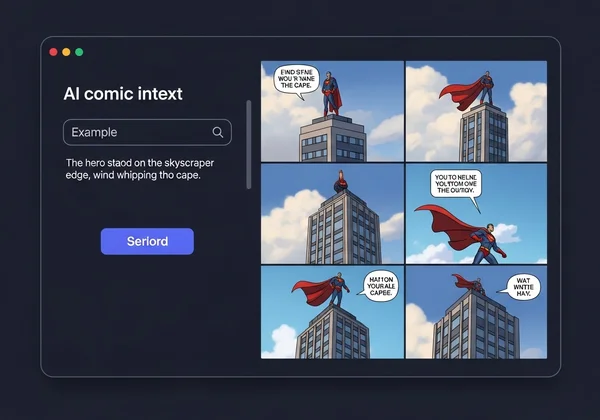 Modern AI comic generator interface, text to visual