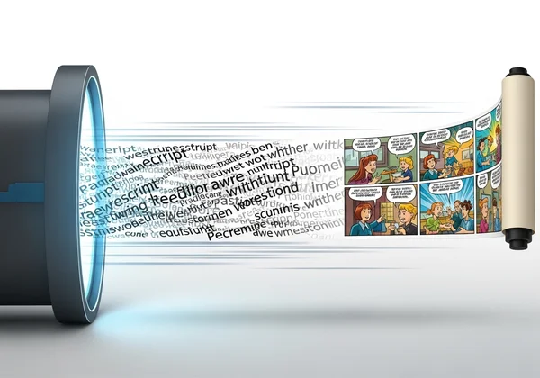 Text transforming into a multi-panel comic instantly