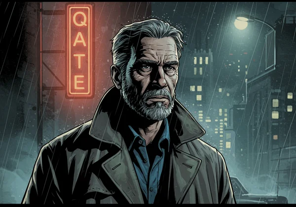 Detailed comic panel of grizzled detective in rainy city