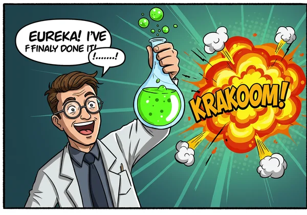 Comic panel with a scientist holding potion and BOOM! text