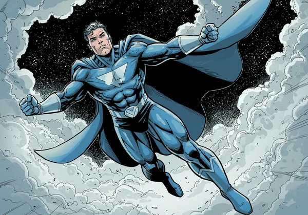 Low-angle comic shot of a powerful superhero in sky