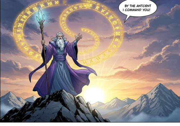 Epic comic panel of wizard casting spell on mountain at sunrise
