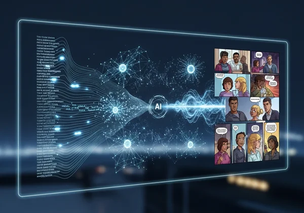 AI transforming text into a multi-panel comic strip