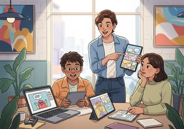 Diverse people creating comics with AI tools easily