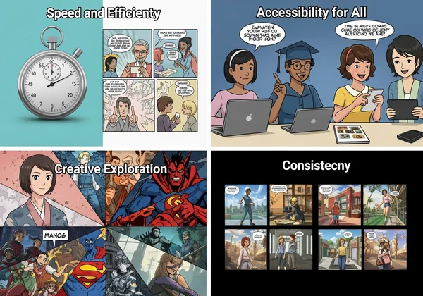 Collage showing AI comic benefits: speed, accessibility, styles