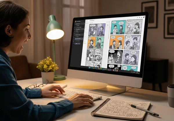 Person creating a comic strip on a computer using AI tool