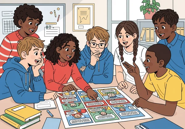 Students actively engaging with an educational comic