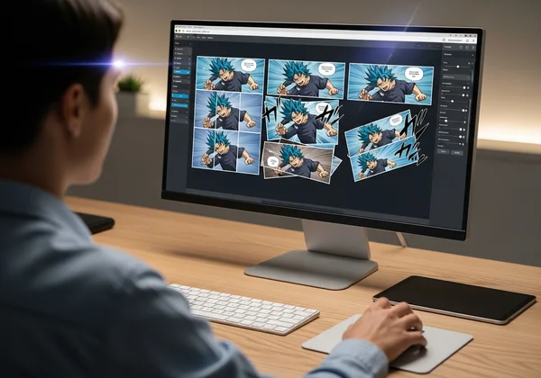 User experimenting with AI comic layouts on a screen