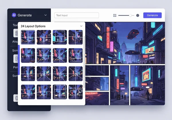 AI comic generator interface with layout options