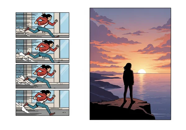 Comic panels illustrating fast and slow story pacing