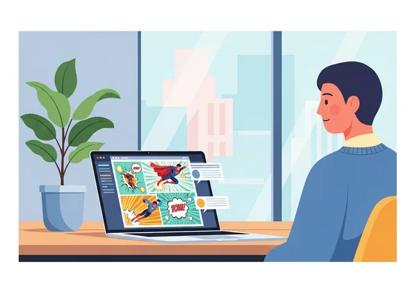 A person creating a comic on a laptop