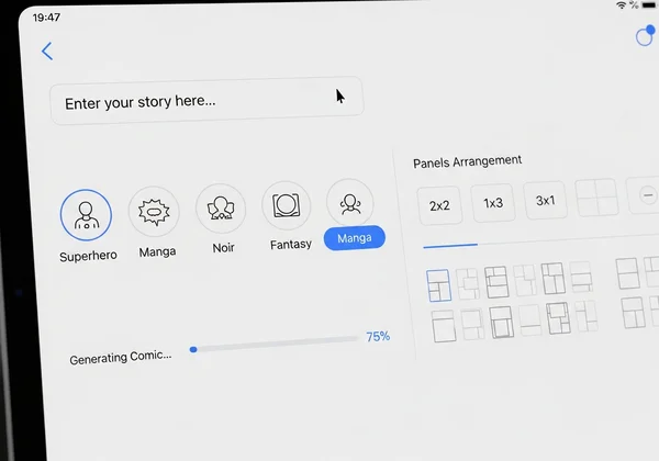 Clean user interface of an AI comic generator
