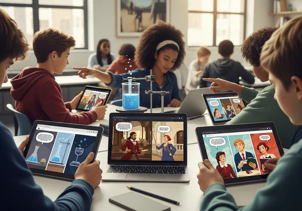 Students using AI comic generator in a classroom